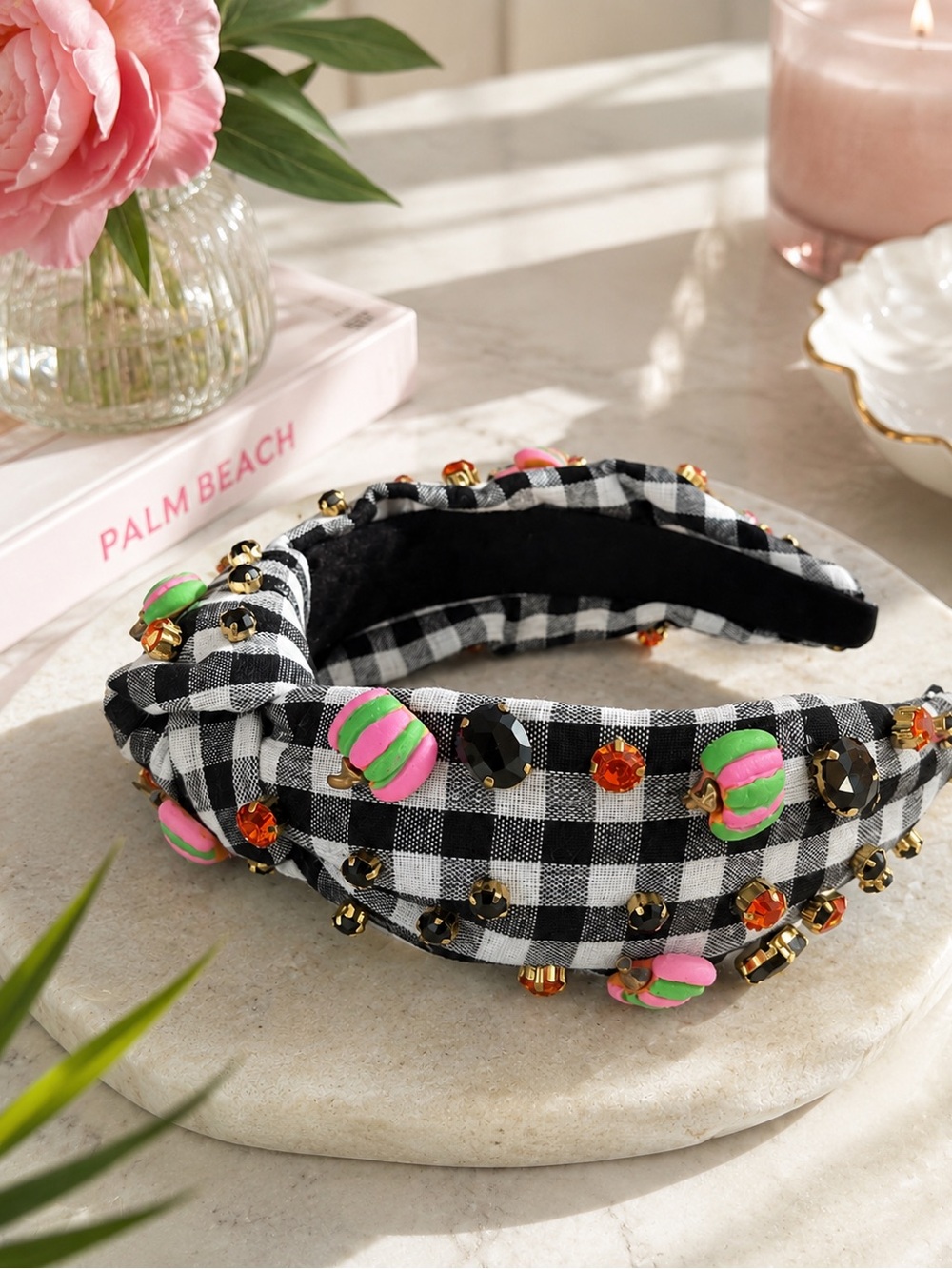 Beaded Black & White Gingham Knot Headband with Pink-Green Accents